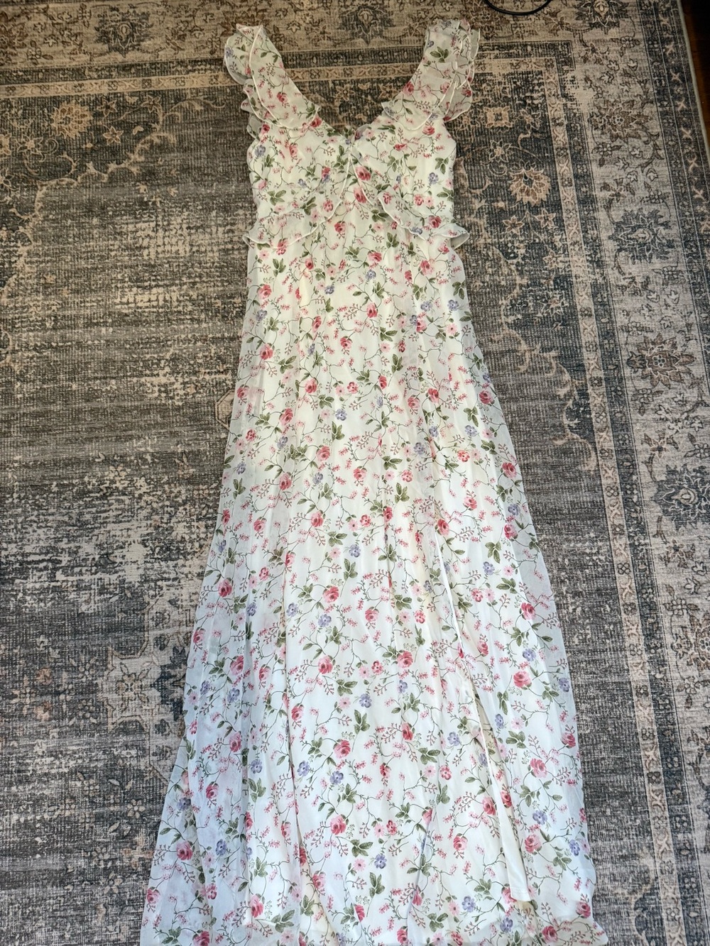 Francesca's Collections White Floral Maxi Dress with Ruffle Straps